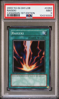 Yugioh Raigeki  Canadian LOB-053 1st Edition PSA 9 Blue Eyes White Dragon-image