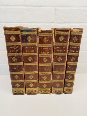 Antique Book Set Rollin’s History 1808-1809 5 Volumes Leather Bound Fair 12th Ed-image