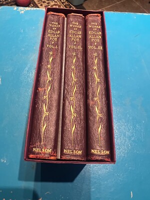 The Works of Edgar Allan Poe-  Nelson 1905, 3 Vol set in leather, Very Good-image