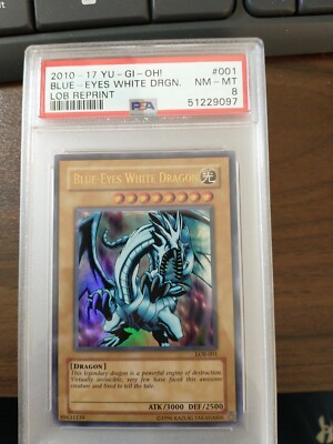 Yugioh! Blue-Eyes White Dragon LOB-001 Ultra rare Unl Ed Reprint PSA 8 NM-M-image