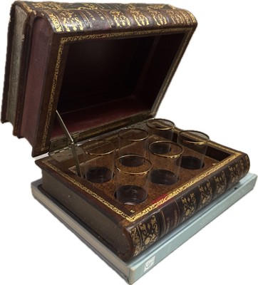 VTG French Leather Bound Book Liquor Tantalus Box W/ 6 Cordial Shot Glasses RARE-image
