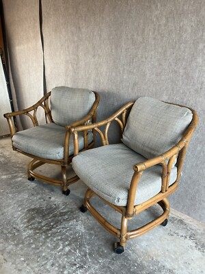 Pair of Ficks Reed MidCentury Leather Bound Rattan & Teak Swivel Chairs-image