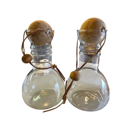Vintage Set of 2 Pair Pyrex Glass Decanters Leather Bound Cork Ball Stoppers-image