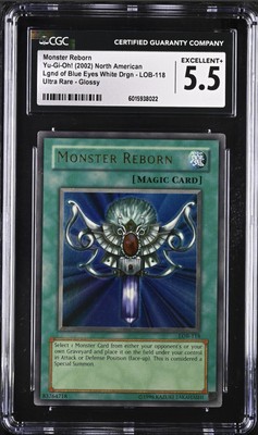 2002 YU-GI-OH! LOB-LEGEND OF BLUE EYES WHITE DRAGON #118 MONSTER REBORN CGC 5.5-image