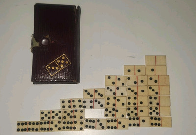 Unique Mini BONE Domino Set in Leatherbound Book circa Late 1800’s Early 1900’s -image