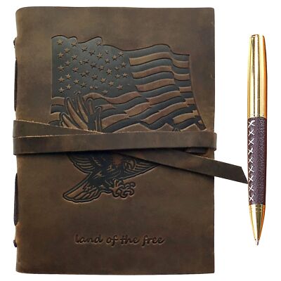 Leather Bound Journal for Men and Women, Handmade Patriotic Gift Set with USA...-image