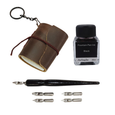 Key Ring Journal + Calligraphy Ink & Pen Set Dark Mini Leather Bound Book 7.5cm-image