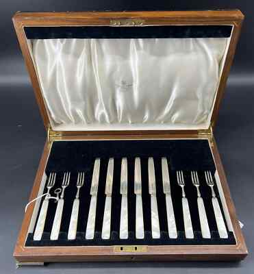 Antique Belfast Ireland Sterling Silver Mother Pearl Knives Forks Fruit Set Box-image