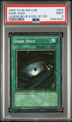 2002 YU-GI-OH! LOB-LEGEND OF BLUE EYES WHITE DRAGON 1ST ED #052 DARK HOLE PSA 9-image