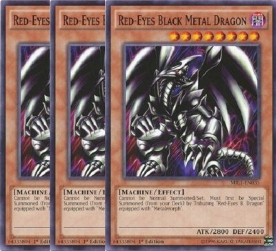 Yugioh Red-Eyes Black Metal Dragon x 3 - 1st Edition LP - Free Holographic Card-image