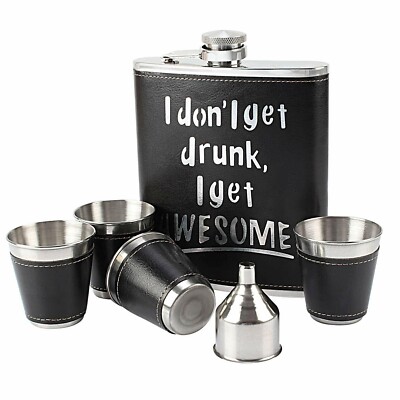 Leather Bound Stainless Steel Hip Flask Set, 18oz (530 ml) Funnel 4 Shot Glasses-image