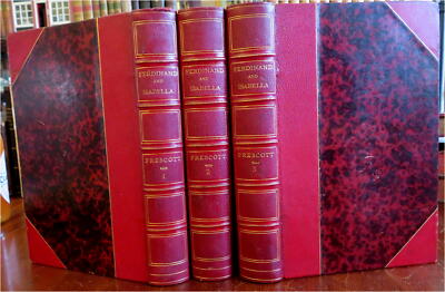 Ferdinand & Isabella Spanish Monarchs 1856 Prescott leather 3 volume set-image