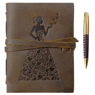 Leather Bound Journal for Women, Handmade Gift Set with Lady in Heart Dress E...-image