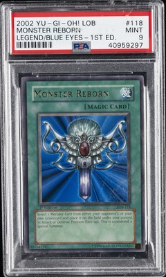 2002 YU-GI-OH! LOB-LEGEND OF BLUE EYES WHITE DRAGON 1ST ED MONSTER REBORN PSA 9-image
