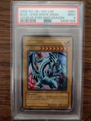 BLUE EYES WHITE DRAGON 2002 YUGIOH Legend Of LOB-001 PSA 9 ENGLISH UNL OG PRINT-image