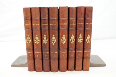 1880's THEATRE COMPLET by MOLIERE 8 Volume Set 1/4 LETHER Paris FRENCH Book-image