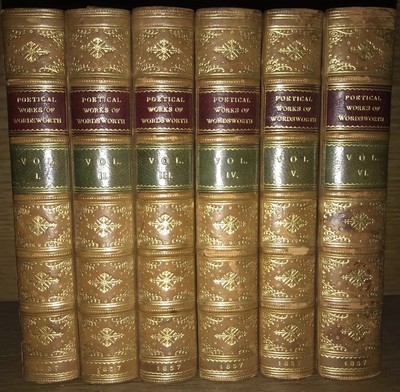 LEATHER Set; WORKS OF WILLIAM WORDSWORTH! Complete Full Gilded Calf Poetry 1857-image