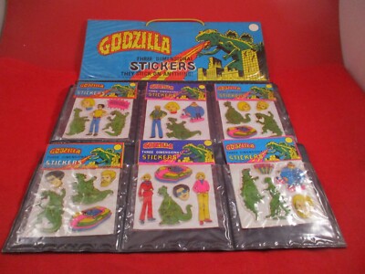 Godzilla Three Dimensional (3-D) Stickers Complete Set of 6 Toho 1979 w/DISPLAY!-image