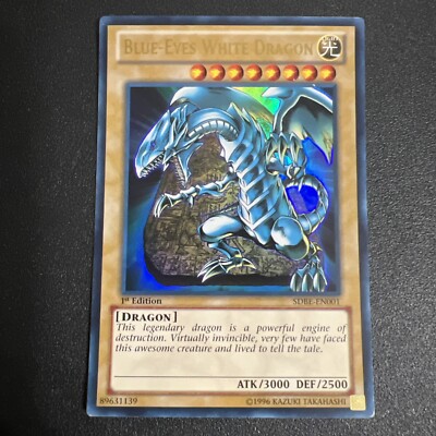 Vintage 1996 Yugioh Blue-Eyes White Dragon SDBE-EN001 Holo Card 1st Edition #1-image