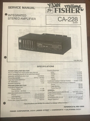 FISHER CA-228 INTEGRATED STEREO AMPLIFIER ORIGINAL SERVICE REPAIR MANUAL -image