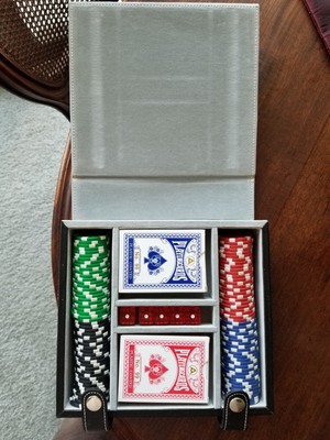 Leather-bound case of cards, chips and dice-image