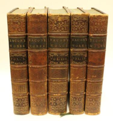 1765 Francis Bacon Complete works 5 Volume Leather Bound Book Set Original Nice-image