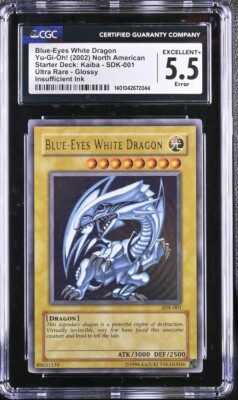 Blue-Eyes White Dragon Yu-Gi-Oh! (2002) Kaiba SDK-001 Glossy CGC 5.5 Ink Error-image