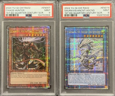 2024 PSA 9 YUGIOH 25TH 1ST ED QC SECRET RARE CHAOS HUNTER & SAURAVIS SET-image