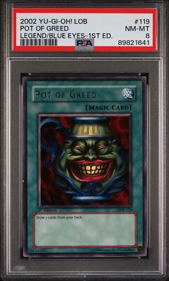 2002 YU-GI-OH! LOB-LEG OF BLUE EYES WHITE DRAGON 119 POT OF GREED   PSA 8 4643-image
