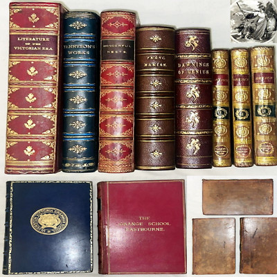 1798 ANTIQUE LEATHER BOOK LOT 8BKS DRYDEN AUSTRALIA BIRDS TENNYSON BIO POETRY-image