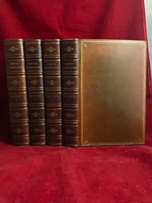 1880 UNITED NETHERLANDS Leather Book Set Motley Fold Out Map Antique Bindings-image