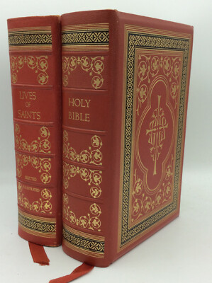 LIVES OF SAINTS / CATHOLIC BIBLE - 2v LEATHERBOUND SET, deluxe binding, 1954 ed.-image