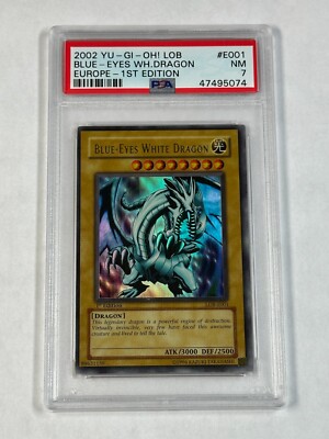 PSA 7 NM Blue-Eyes White Dragon LOB-E001 Ultra Rare 1st Edition Miscut OC Yugioh-image