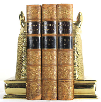 1858 MACAULAY'S CRITICAL AND HISTORICAL ESSAYS 3 VOL SET ANTIQUE LEATHER BOOKS-image