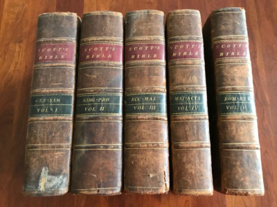1814-1816 Holy Bible, Old & New Testaments, Thomas Scott, 5 Volume Set, Leather-image