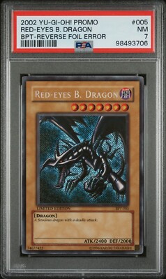 YUGIOH RED EYES B. DRAGON SECRET RARE BPT-005 REVERSE FOIL ERROR PSA 7-image