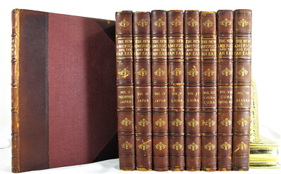 NEW AMERICA AND THE FAR EAST 9 VOL SET LEATHER MAPS HAWAII CHINA JAPAN CUBA 1910-image