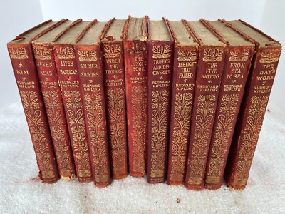Rare 1890s- 1920s Rudyard Kipling Red Leather Pocket Books Set of 11-image