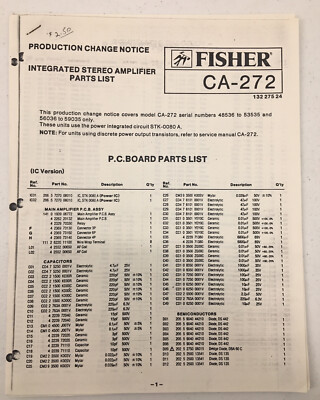 Fisher CA-272 Integrated Stereo Amplifier Parts List Schematic Diagram P C Board-image