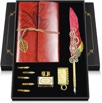 Feather Quill Pen and Ink Set,Antique Calligraphy Set with Leather Journal Noteb-image