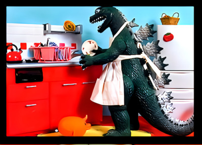 Godzilla Mom Dressed In Apron Kitchen Doing Dishes Chores MAGNET-image