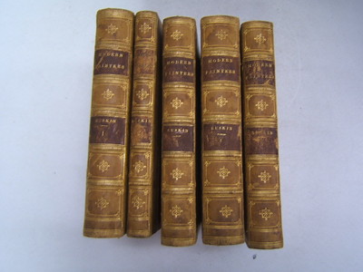 Antique Modern Painters 5 Volume Set 1872 Quarter Leather Marbled Plates WB Old-image