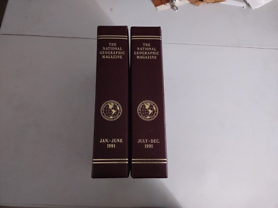 National Geographic Magazine Complete 1991 Set With Brown Leather Slip Case-image