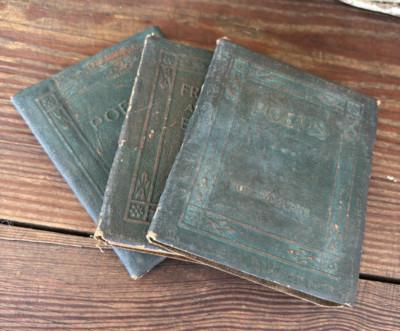 Antique Set of 3 Green Little Leather Library Books ~ Thoreau, Burns & Browning-image