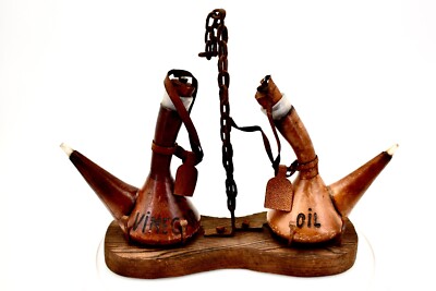Renaissance Style Leather covered Oil&Vinegar Set,Wood,Chain&Nails Carrier,10x4