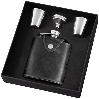 Orton West Mens Leather Bound Hip Flask Set - Black-image