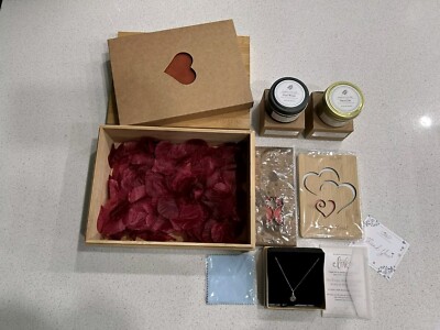 Valentines Romantic Gift Set, Sterling Silver Chain, Wood Box, Leather Journal -image