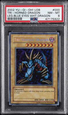 2002 YU-GI-OH! LOB-LEGEND OF BLUE EYES WHITE DRAGON #000 TRI-HORNED DRAGON PSA 8-image