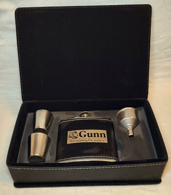 Leather Bound Hip Flask Set Gunn Advocating For Justice w/ Funnel and Shot Glass-image