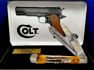 CASE XX Colt .45 Model 1911 Golden BONESTAG Trapper Knife Deep Gold Etching NEW@-image